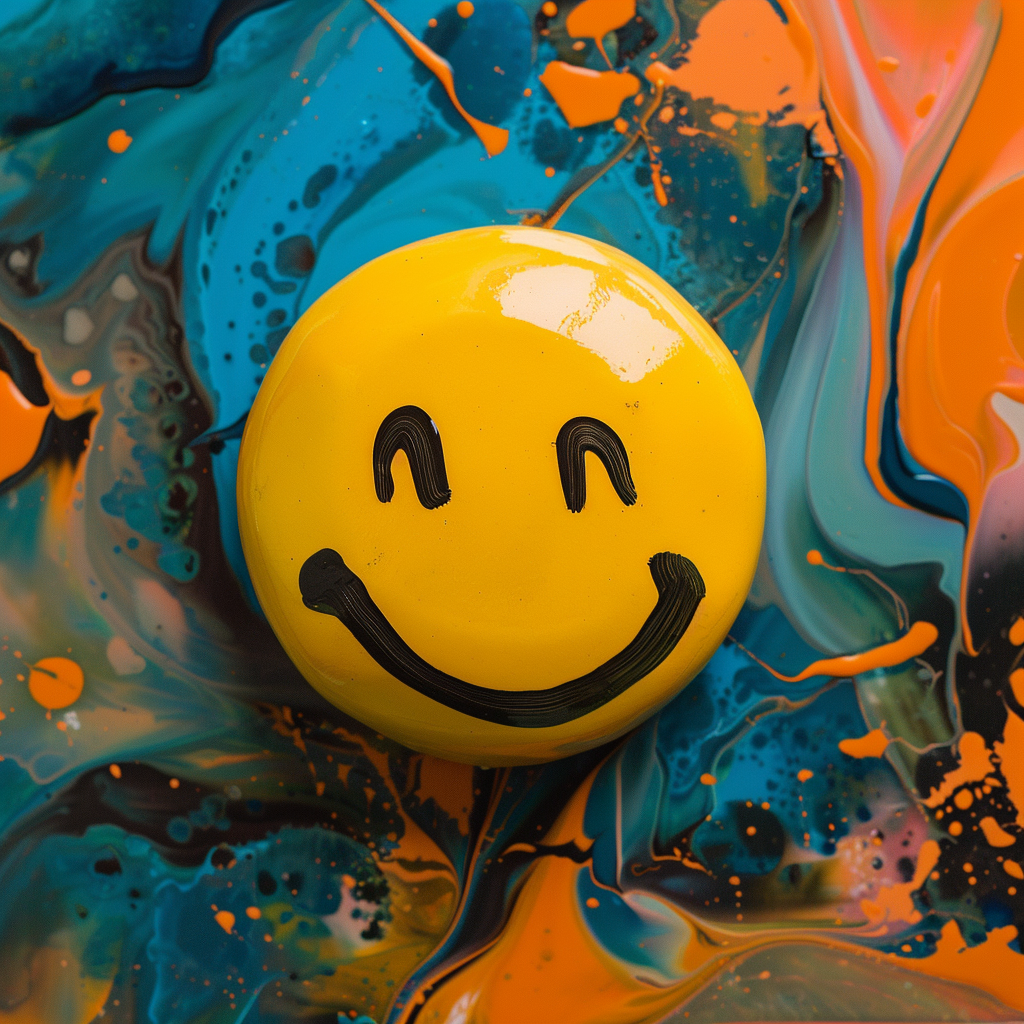 Ein gelbes Smiley-Gesicht auf einem lebendigen, abstrakten Hintergrund aus Blau- und Orangetönen. Der Smiley wirkt glücklich und fröhlich, während der Hintergrund eine Mischung aus dynamischen und chaotischen Farben zeigt, was einen Kontrast zwischen oberflächlicher Positivität und komplexen Emotionen darstellt.
